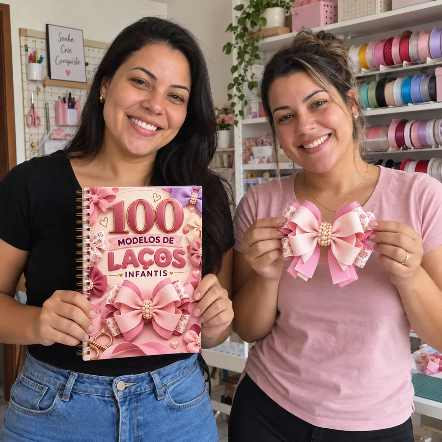Duas alunas com o material 100 Modelos de Laços Infantis e um laço pronto